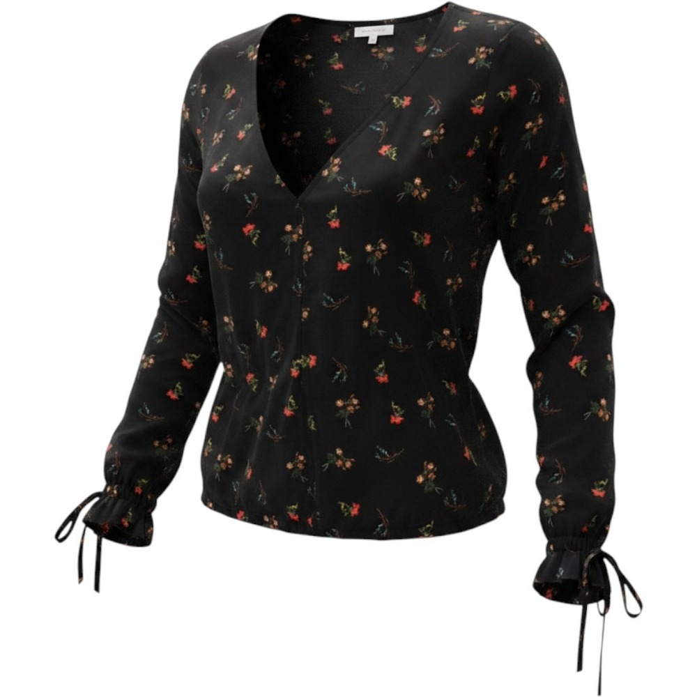 Urban Outfitters Black Floral Long Sleeve Drawstring Waist Ruffle Cuff Blouse
